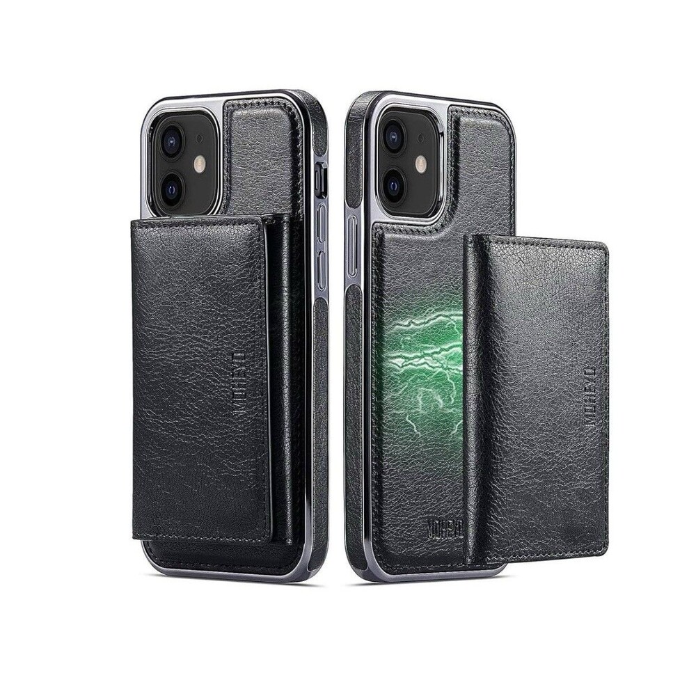 iPhone 11 Case Wallet Magnetic Removable Card Holder Luxury Vegan Leather Black